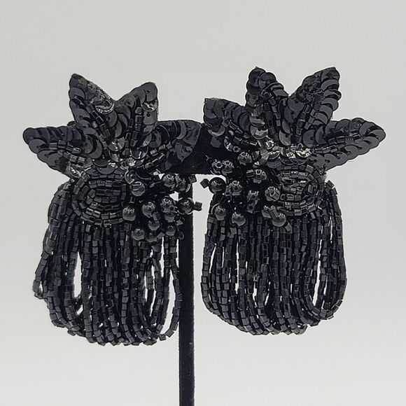 Vintage Earrings Handmade Black Floral Beaded Sequin Gatsby Earrings #452 - Picture 4 of 9